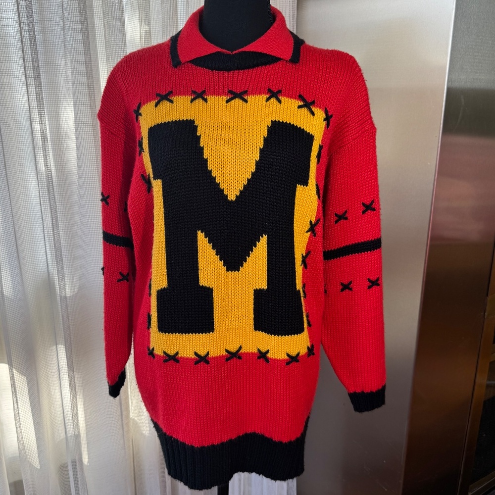 Vintage 1980s sweater, red, black, yellow oversized top, Michel Sport 12/14 (L)